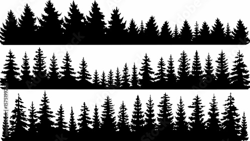 Grayscale Evergreen Forest Layers with Fog – Atmospheric Vector Silhouettes