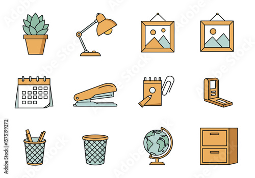 Office desk lamp stapler potted plant wall art calendar pencil cup wastebasket globe file cabinet notebook scale