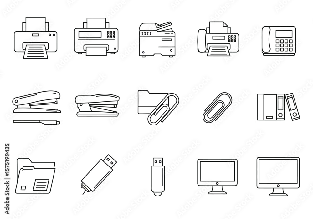 Office supplies icons in a linear design printers staplers paperclips flash drives folders binders phone and monitors Office supplies icons in a linear design printers staplers paperclips flash drives folders binders phone and monitors