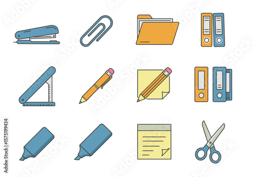 Office supplies illustration stapler paperclip folder binder staple remover pencils sticky notes highlighter scissors