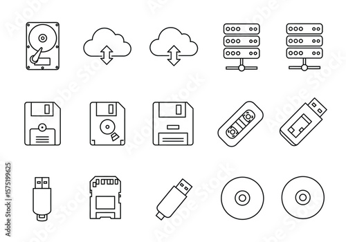 Outlined tech icons hard drive cloud server floppy disks USBs SD card connector and CDs