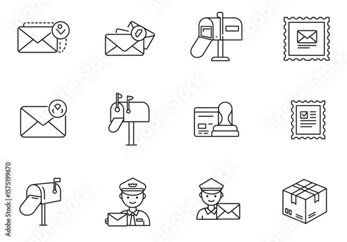 Set of 12 postal service icons mail box stamps mailboxes mail carriers and stamp Simple black line drawings