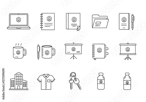 Set of various lineart icons featuring items like a laptop mug building and keys each with a central hexagon logo