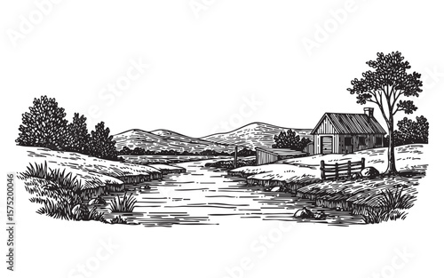 Rural Countryside Landscape with Cabin and River in a Vintage Woodcut engraving vector illustration