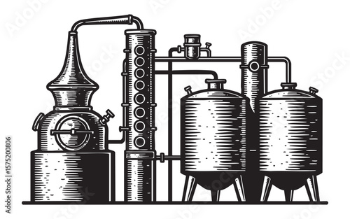 Vintage Alcohol Distillery with Alembic Still and Tanks Vector Engravin