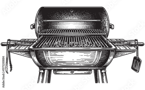 Open Barrel Charcoal BBQ Grill with Utensils Vector Engraving