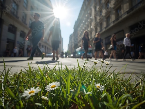 Vibrant daisies blooming on a lush green patch in the middle of a bustling city street with blurred pedestrians walking and sunlight streaming between urban buildings.

