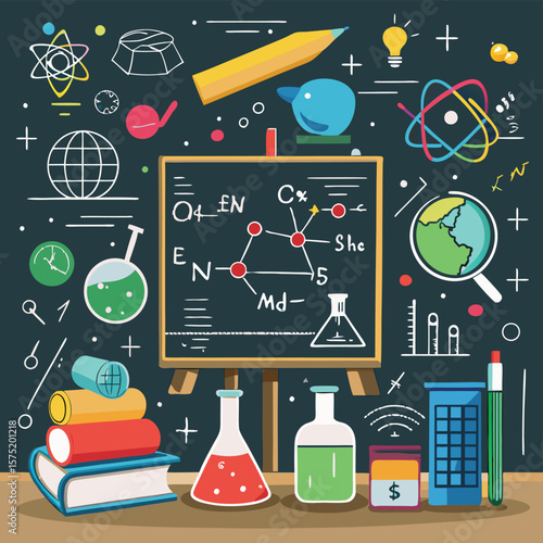 Educational science classroom illustration with various items