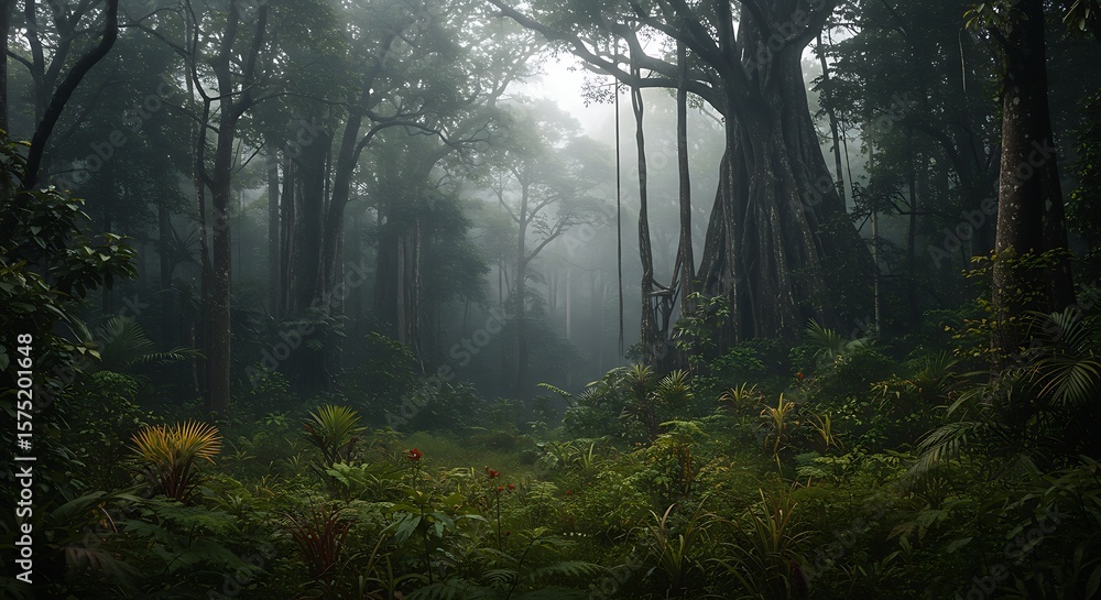 Fototapeta premium Mystical Rainforest Scene: Dense Fog, Towering Trees, and Lush Greenery