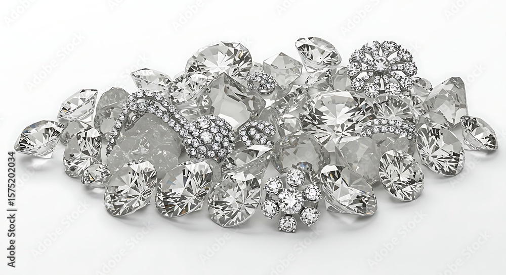 Obraz premium Sparkling Diamonds and Jewelry Displayed on a White Background, Luxurious and Elegant.