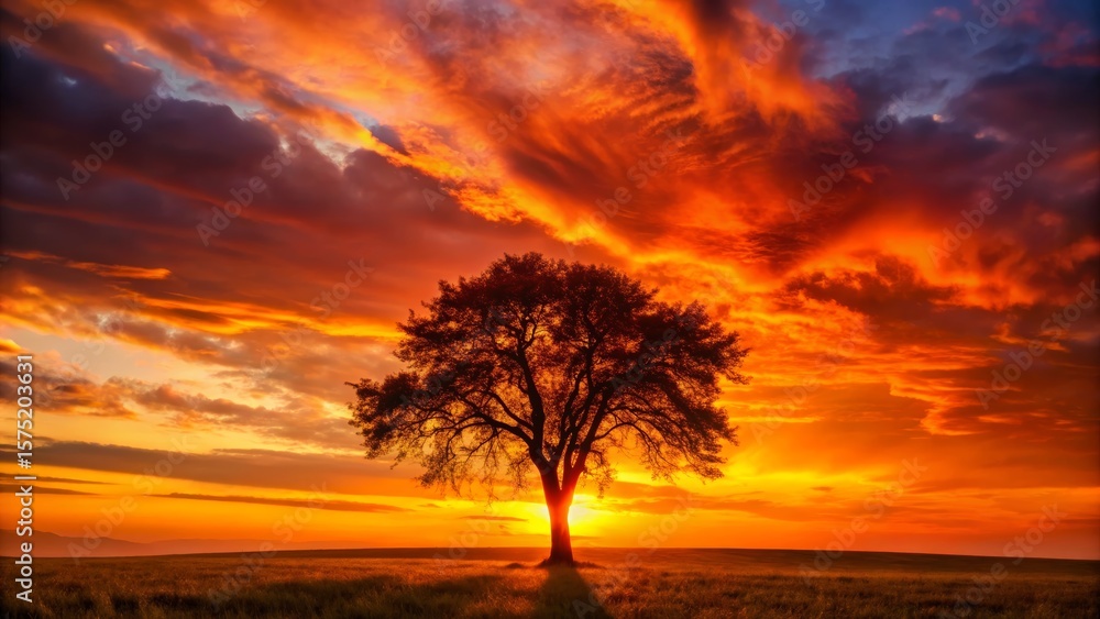 Silhouette Tree at Fiery Sunset Silhouette Tree at Fiery Sunset
