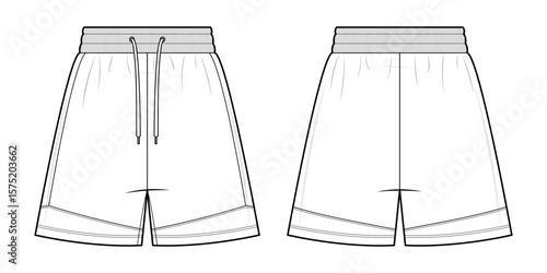 Men’s Elastic-Waist Shorts Technical Fashion Flat. Relaxed Fit Drawstring Shorts Vector Template. Front and Back design. Minimalist CAD Mockup set.