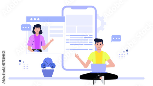 Remote team sharing weekly updates via group chat flat vector illustration