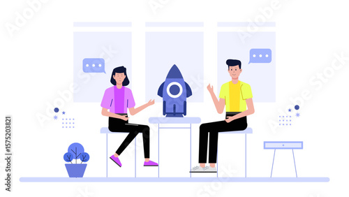 Startup pitching subscription model to business partners flat vector illustration
