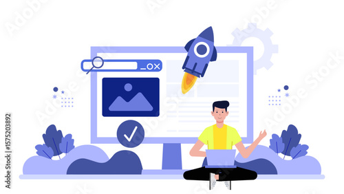 Startup launching beta test registration interface flat vector illustration