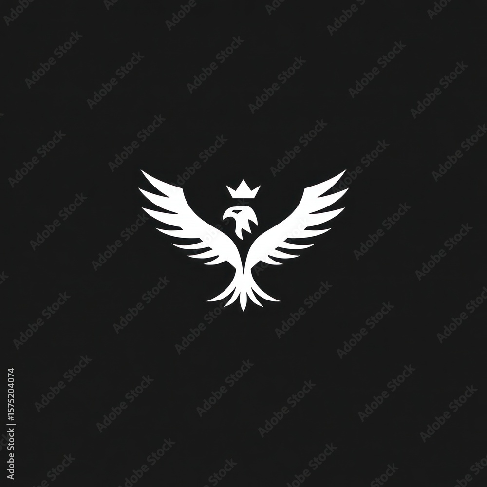 Obraz premium Eagle with crown, wings spread, white silhouette on black background