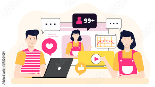 Digital marketing team analyzing influencer impact flat vector illustration
