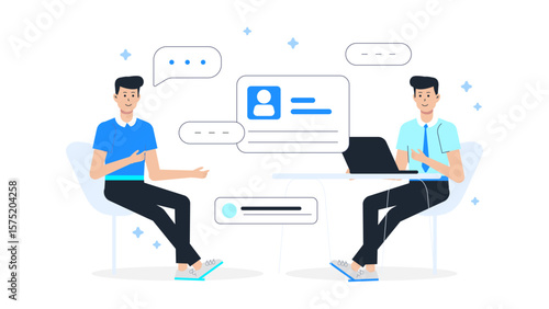 Startup team doing market validation interviews flat vector illustration
