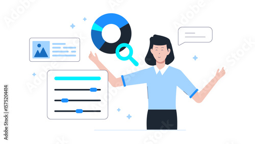 Digital marketing team analyzing influencer impact flat vector illustration