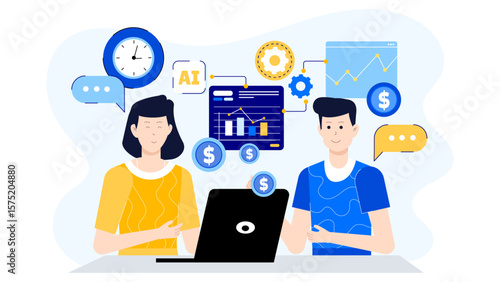 Startup Team Brainstorming Monetization Models Flat Vector Illustration
