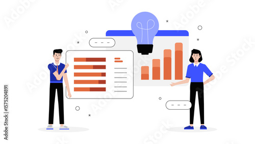 Startup Team Analyzing Customer Acquisition Channels Flat Vector Illustration