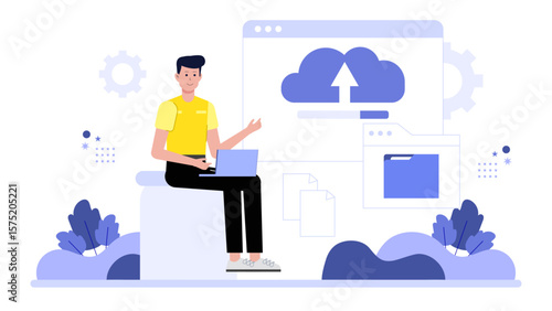 Freelancer Uploading Final Assets to Online Repository, Flat Vector Illustration