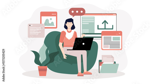 Freelancer Uploading Final Assets to Online Repository, Flat Vector Illustration