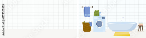 Modern laundry and bath area with organized storage and vibrant decor elements