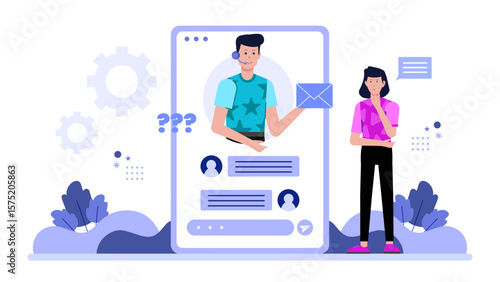 Support Agent Assisting via In-App Chat Flat Vector Illustration