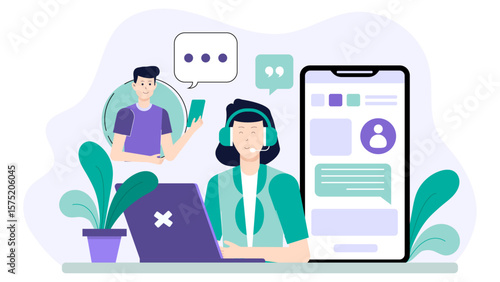 Support Agent Assisting via In-App Chat Flat Vector Illustration