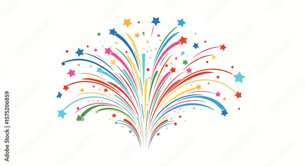 Obraz premium A vibrant vector illustration showcases a colorful fireworks display, perfect for celebrations, parties, and festive occasions, set against a clean white background.