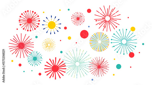 A vibrant vector illustration showcases colorful fireworks bursts, perfect for celebratory designs, with a transparent PNG background for versatile use in various creative projects.