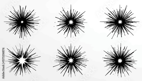 A collection of six abstract black vector starbursts resembling exploding fireworks or radiating light, isolated on a clean background.