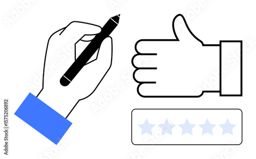 Hand drawing with pen, thumbs-up approval, and five-star rating icon signaling feedback, quality, and evaluation. Ideal for reviews, ratings, productivity, feedback quality approval simple landing