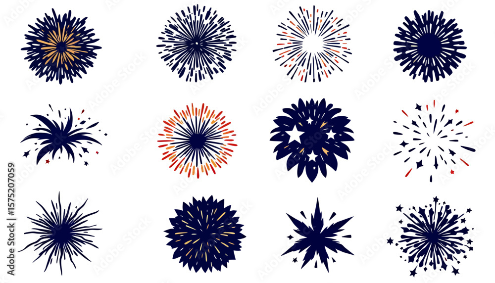 Obraz premium A collection of vibrant, vector-based fireworks illustrations in PNG format, perfect for adding celebratory flair to designs, projects, and festive occasions with dynamic visual appeal.