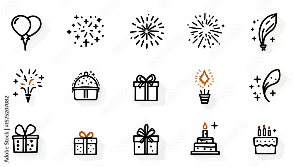 Fototapeta premium High-quality vector PNG icons of fireworks, gifts, cakes, and balloons, perfect for celebrating birthdays, holidays, or any festive occasion. These versatile designs are ideal for invitations,