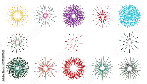 A collection of colorful fireworks bursts in a vector format, perfect for celebratory designs, festive backgrounds, and adding a touch of excitement to any visual project.