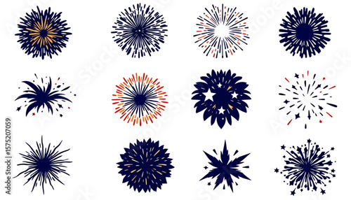 A collection of vibrant, vector-based fireworks illustrations in PNG format, perfect for adding celebratory flair to designs, projects, and festive occasions with dynamic visual appeal.