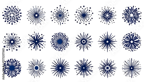 A collection of vector graphics depicting various bursts of fireworks, ideal for adding celebratory elements to designs, available in a transparent PNG format.