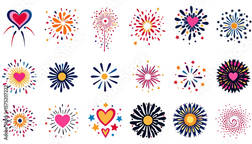 A vibrant collection of stylized fireworks bursts and heart shapes, perfect for celebrating special occasions and festive events with a touch of joy and color.
