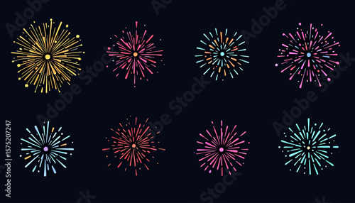 Set of colorful fireworks explosions in vector format, perfect for celebratory designs, festive backgrounds, or adding a burst of excitement to any creative project.