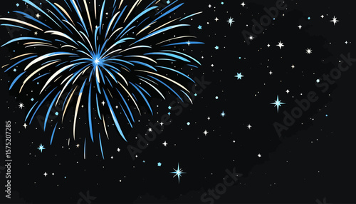 A vibrant vector illustration of a colorful fireworks display, exploding against a dark night sky filled with twinkling stars, perfect for celebratory designs.