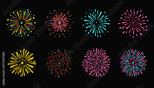 Colorful abstract fireworks bursting in the night sky, perfect for celebrations and festive events, presented as vector graphics.