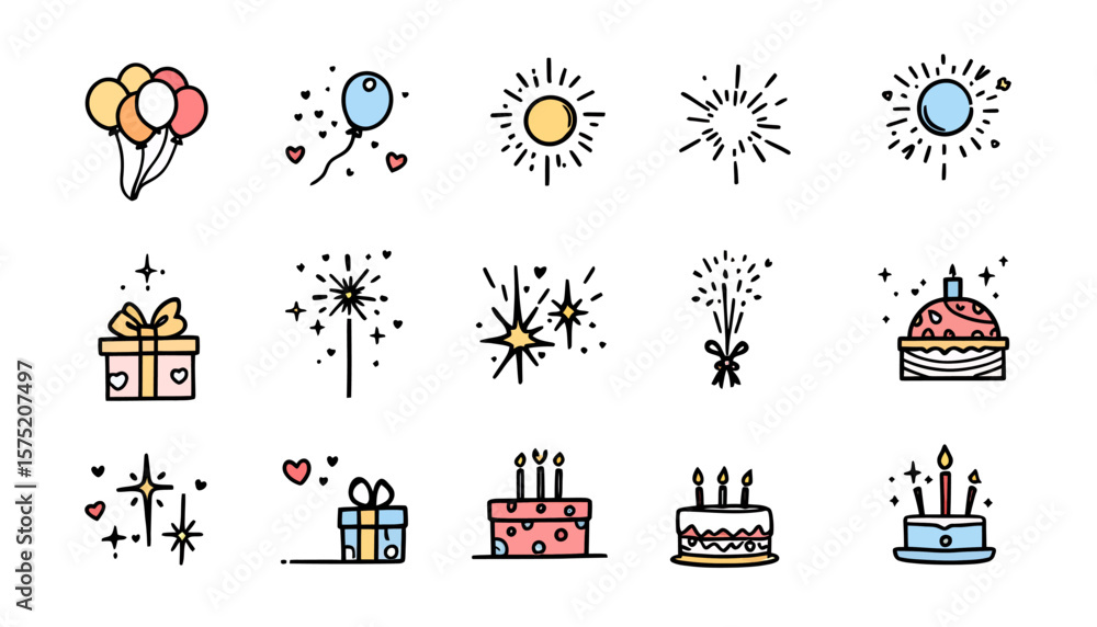 Fototapeta premium A festive vector collection featuring various party elements such as fireworks, balloons, cakes, and gifts, all rendered in a cheerful and celebratory style suitable for graphic design.