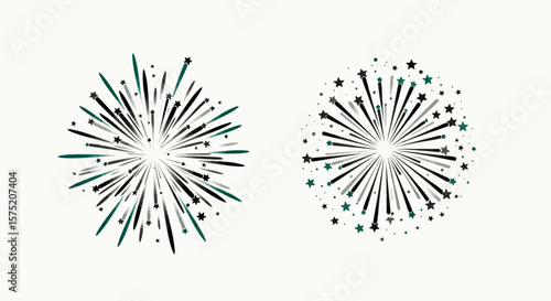 Two vibrant, stylized fireworks bursts explode with dynamic energy, rendered in a flat vector style, perfect for celebratory designs and festive visual content.