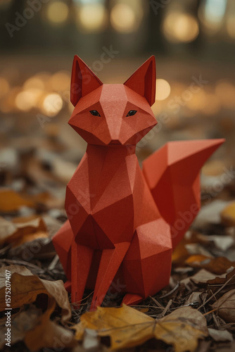 Geometric Red Fox Papercraft in Autumn Forest Setting