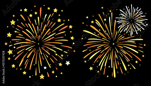Brightly colored fireworks explode with golden and orange sparks against a dark background, creating a festive and celebratory atmosphere.