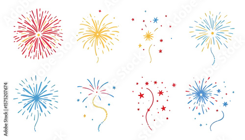 A vibrant collection of colorful fireworks illustrations displayed as isolated vector elements, perfect for festive celebrations and graphic design projects.