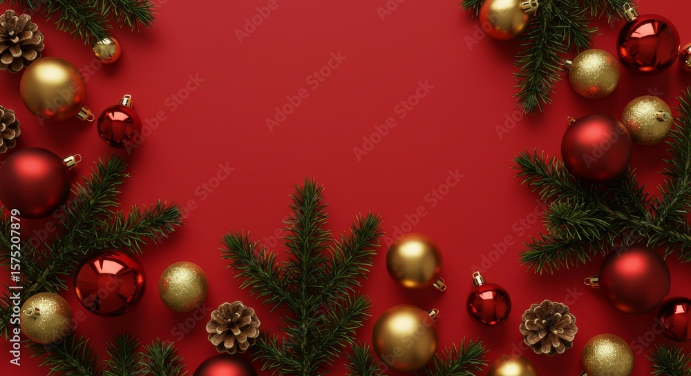 Christmas Ornaments and Evergreen Branches on Red Background Christmas Ornaments and Evergreen Branches on Red Background