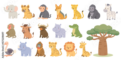 Cartoon set of African animals including lion, elephant, giraffe, zebra, and rhino, african animals designed in flat cute style, african animals perfect for safari-themed visuals.